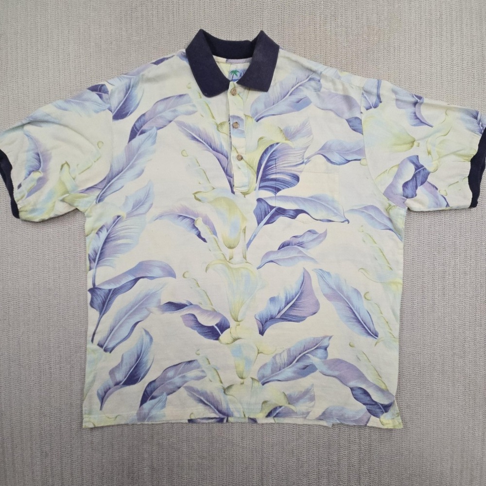 RJC Polo Shirt Mens XL White Purple Floral Hawaiian Made Hawaii USA Tropical
